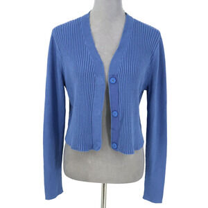 Cabi Sweater Womens Large Blue Cotton Rib Knit Short Crop Cardigan Snaps Preppy